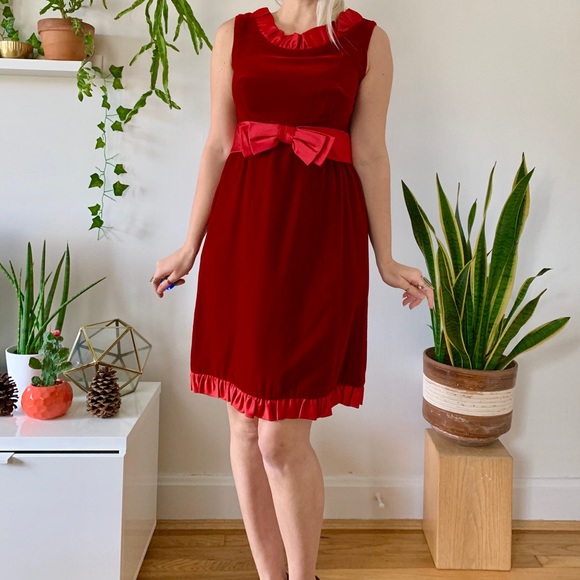 Vintage Dresses & Skirts - Vintage 60s red velvet mini dress satin bow S